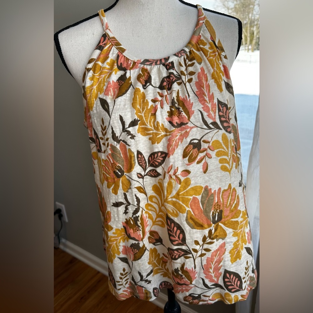 Rachel Zoe Linen Tank Top Thin Strap Neutral Floral Print Beach Resort Large